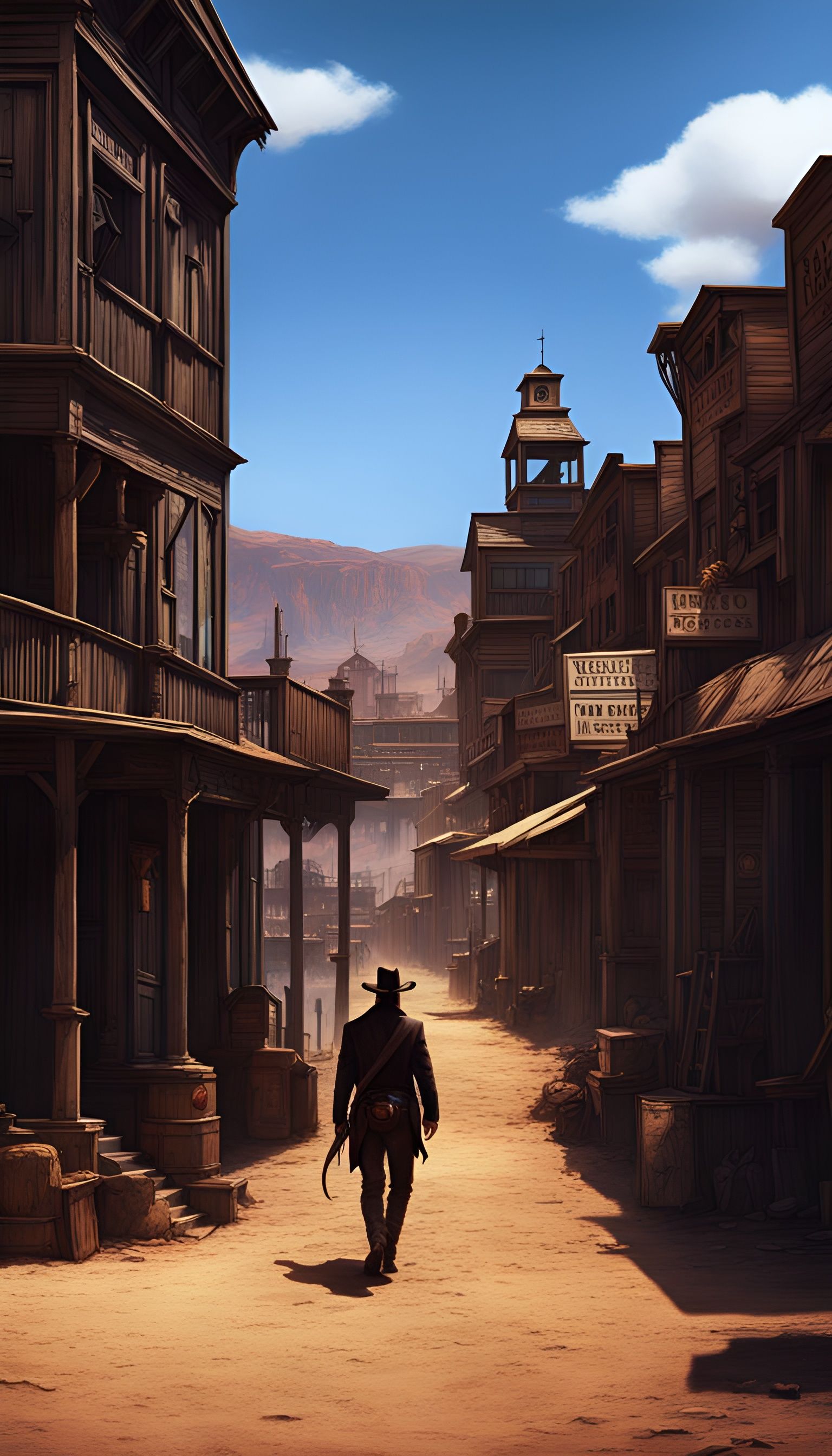 Dark Cowboy in Western Town: Digital Matte Painting