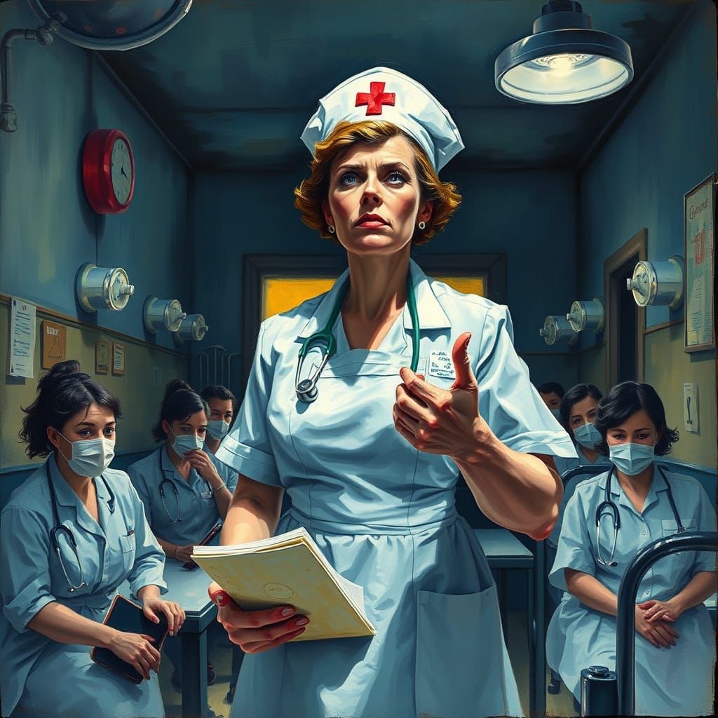 Stern Nurse Oversees Medication Time in Textured Gouache Sty...