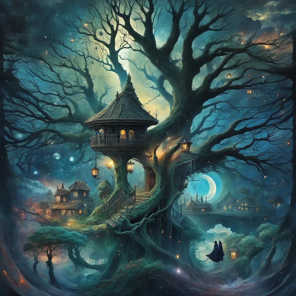 Surreal Stargate Scene with Bonsai and Cottages