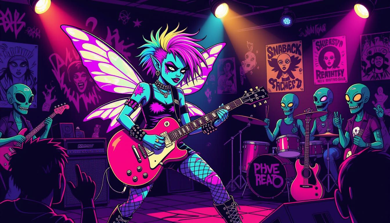 Punk Rock Fairy Shreds Guitar in Cyberpunk Dive Bar
