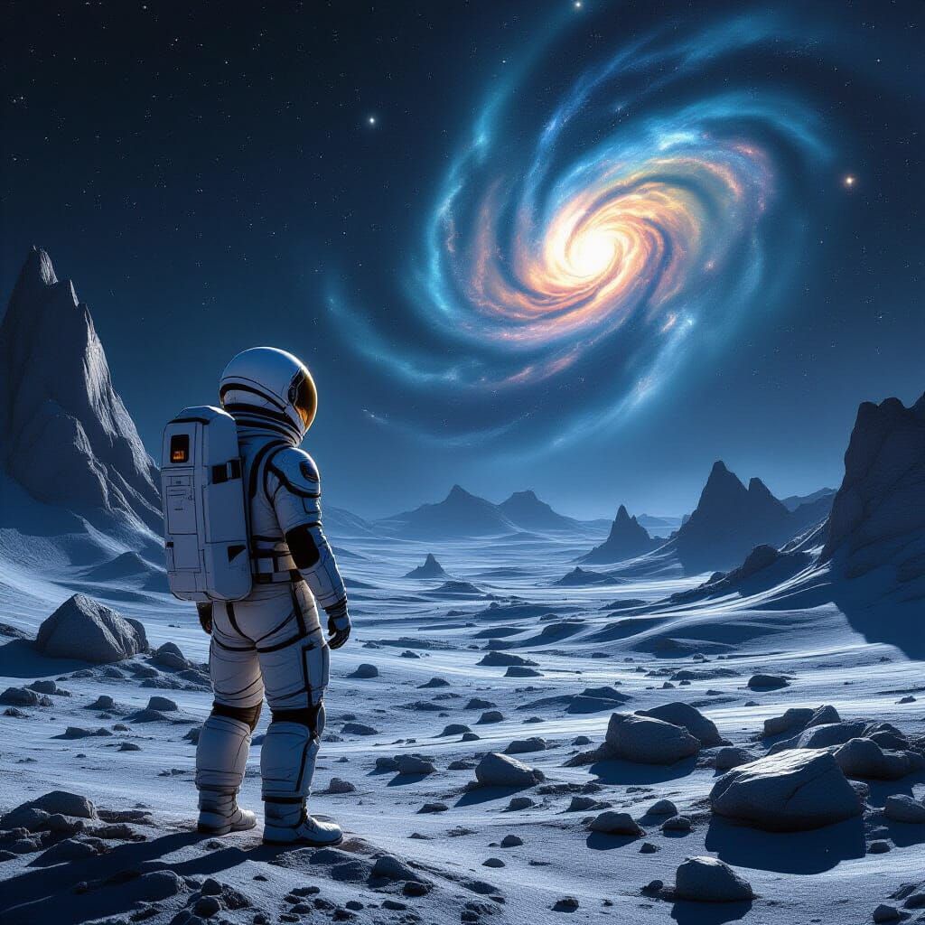Astronaut Gazes at Nebula on Alien Planet in Surreal Style