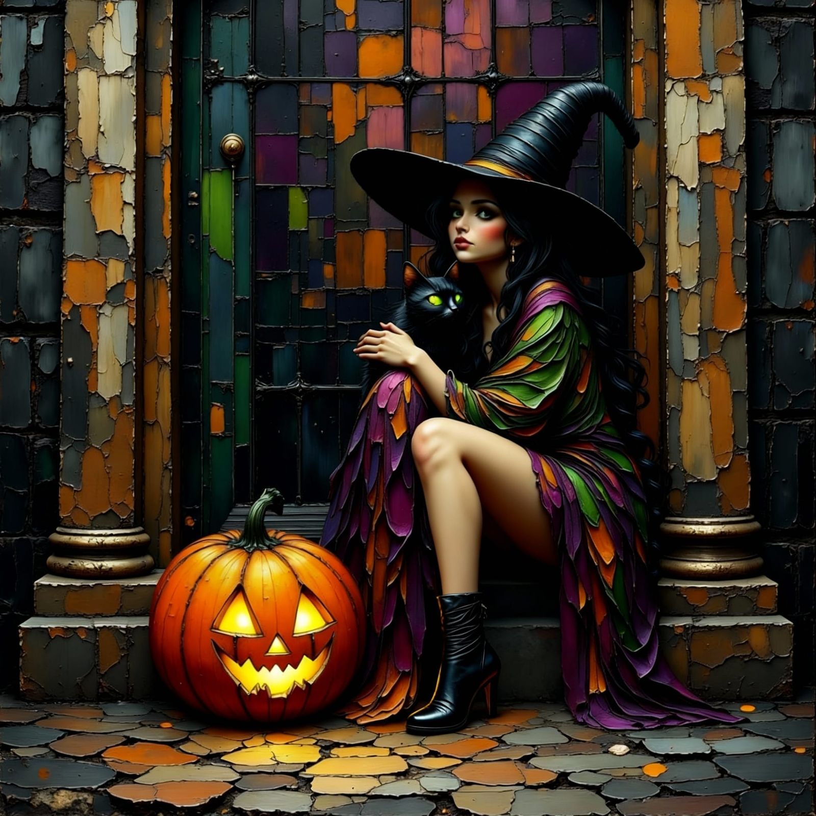 Witch and Jack-o'-Lantern on Victorian Stoop