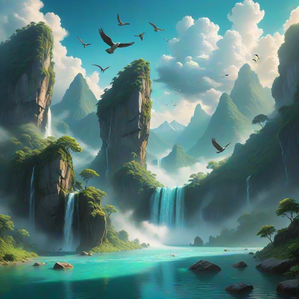 Surreal Stone Fingers Landscape with Waterfall