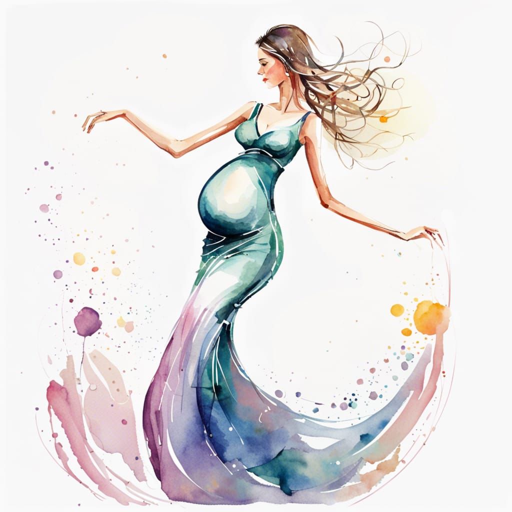Joyful Pregnant Woman Dancing in Watercolor Style