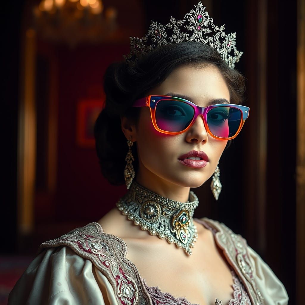 Regal Princess in Trendy Sunglasses with Elegant Attire in a...
