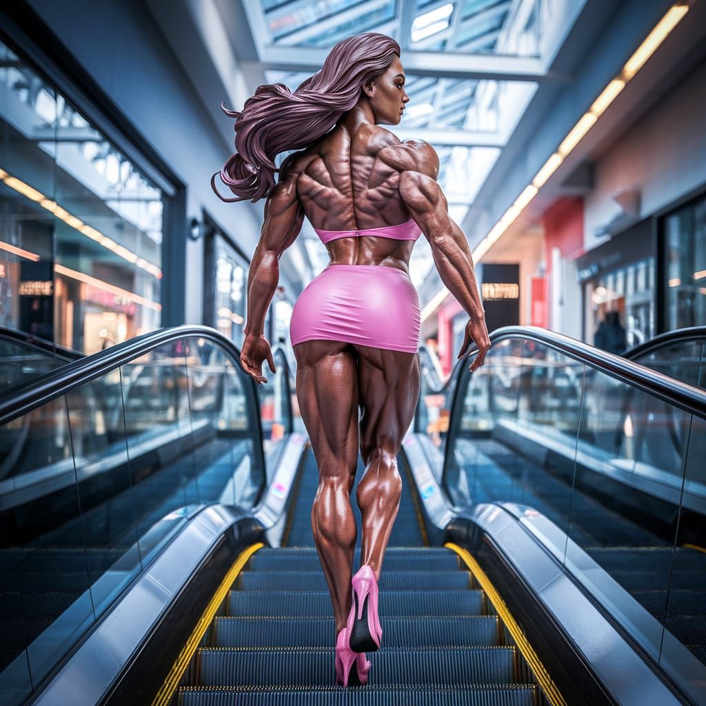 Confident Bodybuilder in Pink Skirt at Shopping Mall