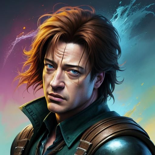 Hyperrealistic Brendan Fraser Portrait with Splash Art Eleme...