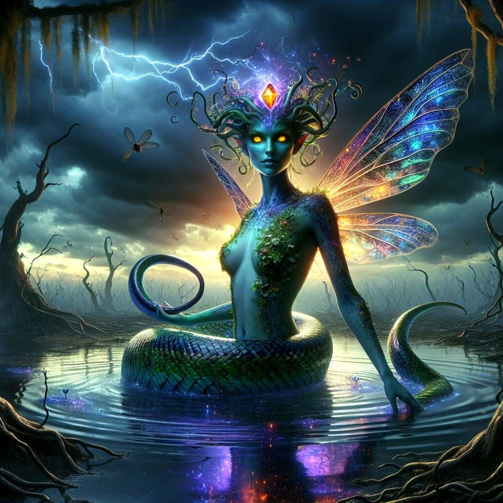 Enigmatic Snake-Faery Woman Rises in Dark Fantasy Swamp