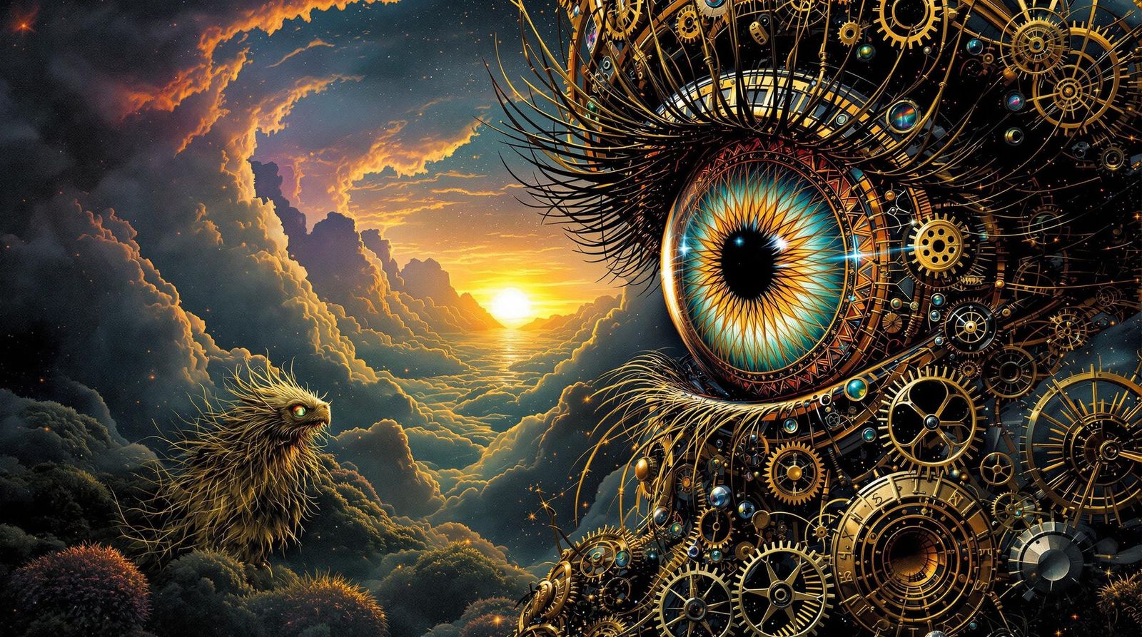 Steampunk Eye with Fractal Iris and Cryptid Creature
