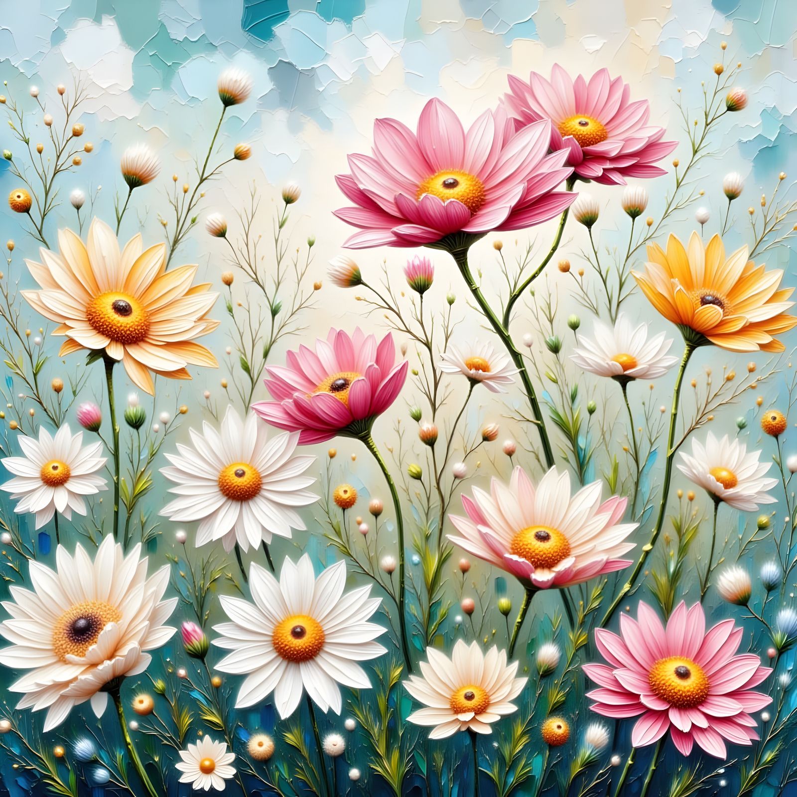 Textured Impasto Daisies in Luminous Macro Style