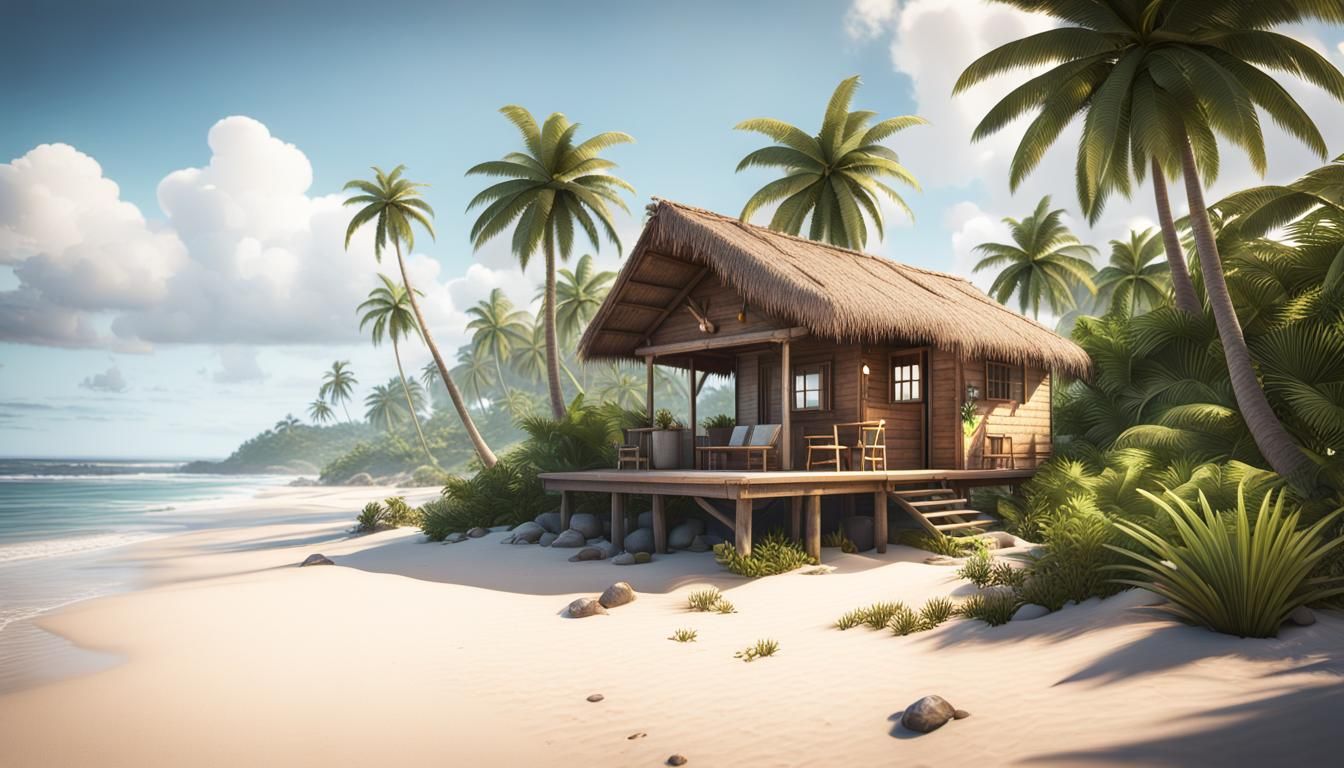 Beach Hut View with Tropical Birds in 3D
