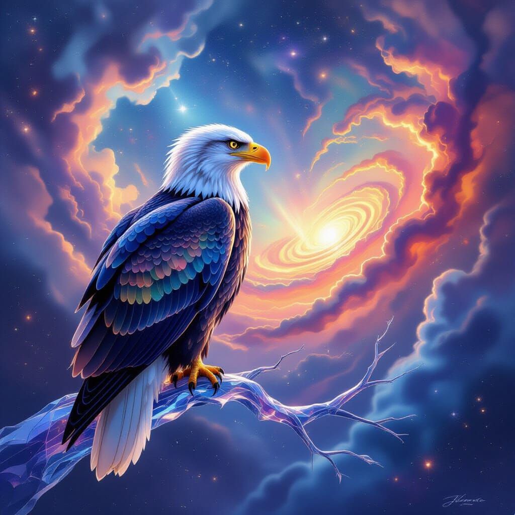 Majestic Eagle on Crystalline Branch Overlooking Nebula