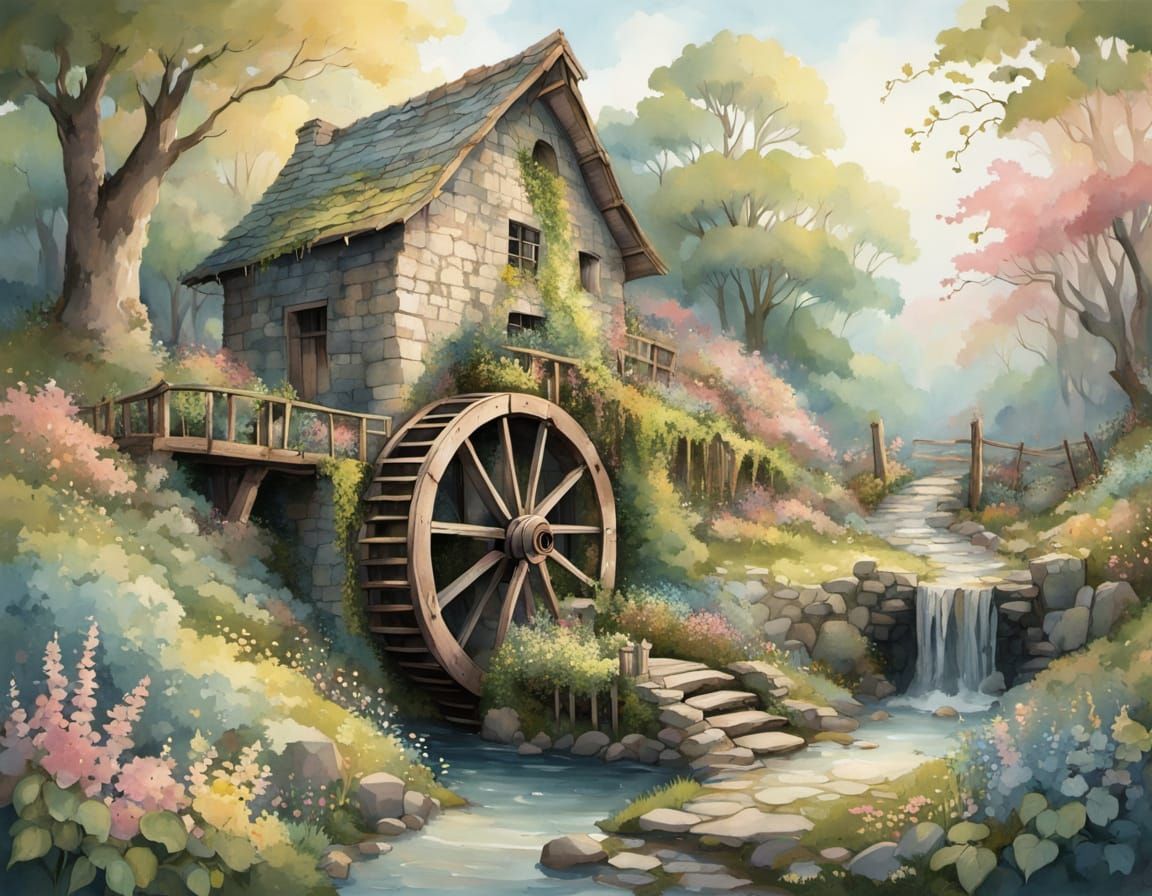 Rustic Waterwheel in Whimsical Forest Clearing