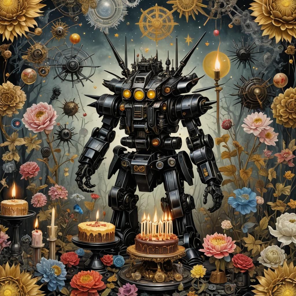 Steampunk Mecha Battle Birthday in Hyperrealistic Collage