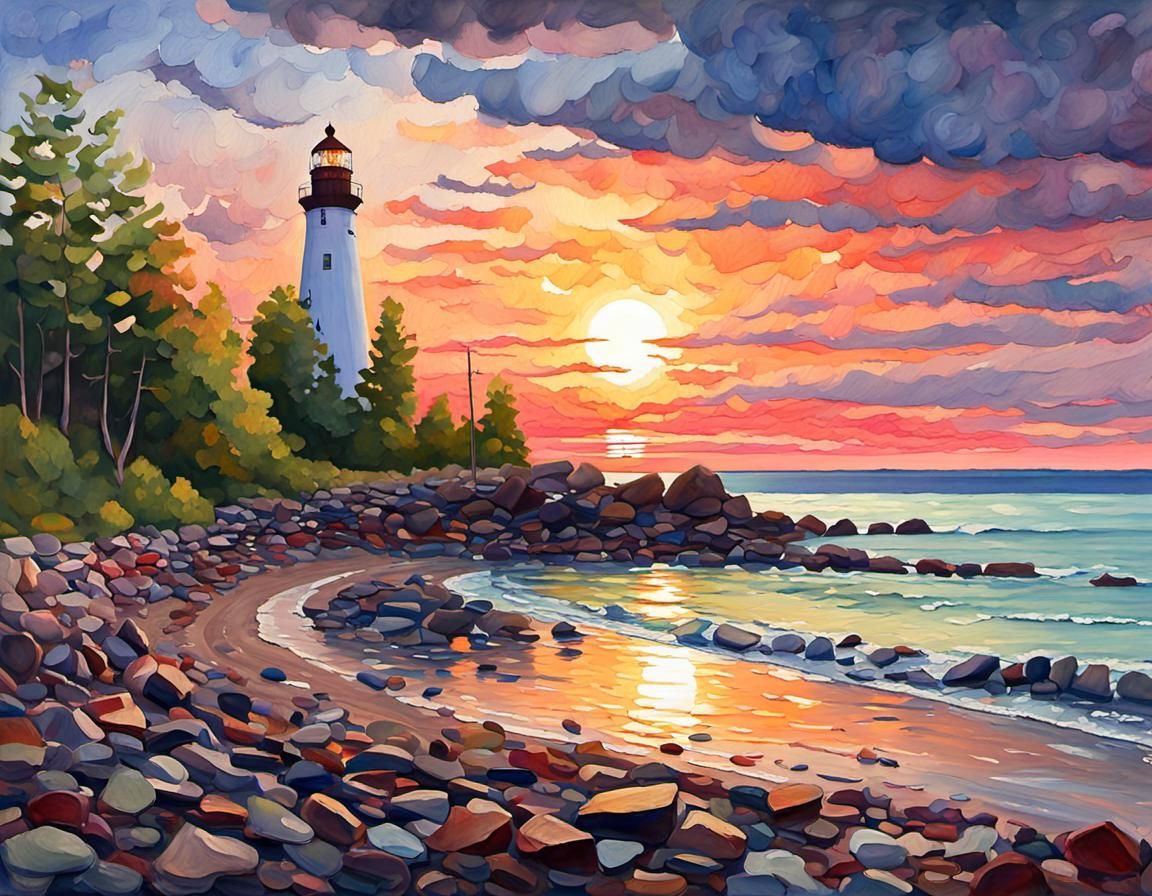 Beach Lighthouse Sunset in Gouache Watercolor Style