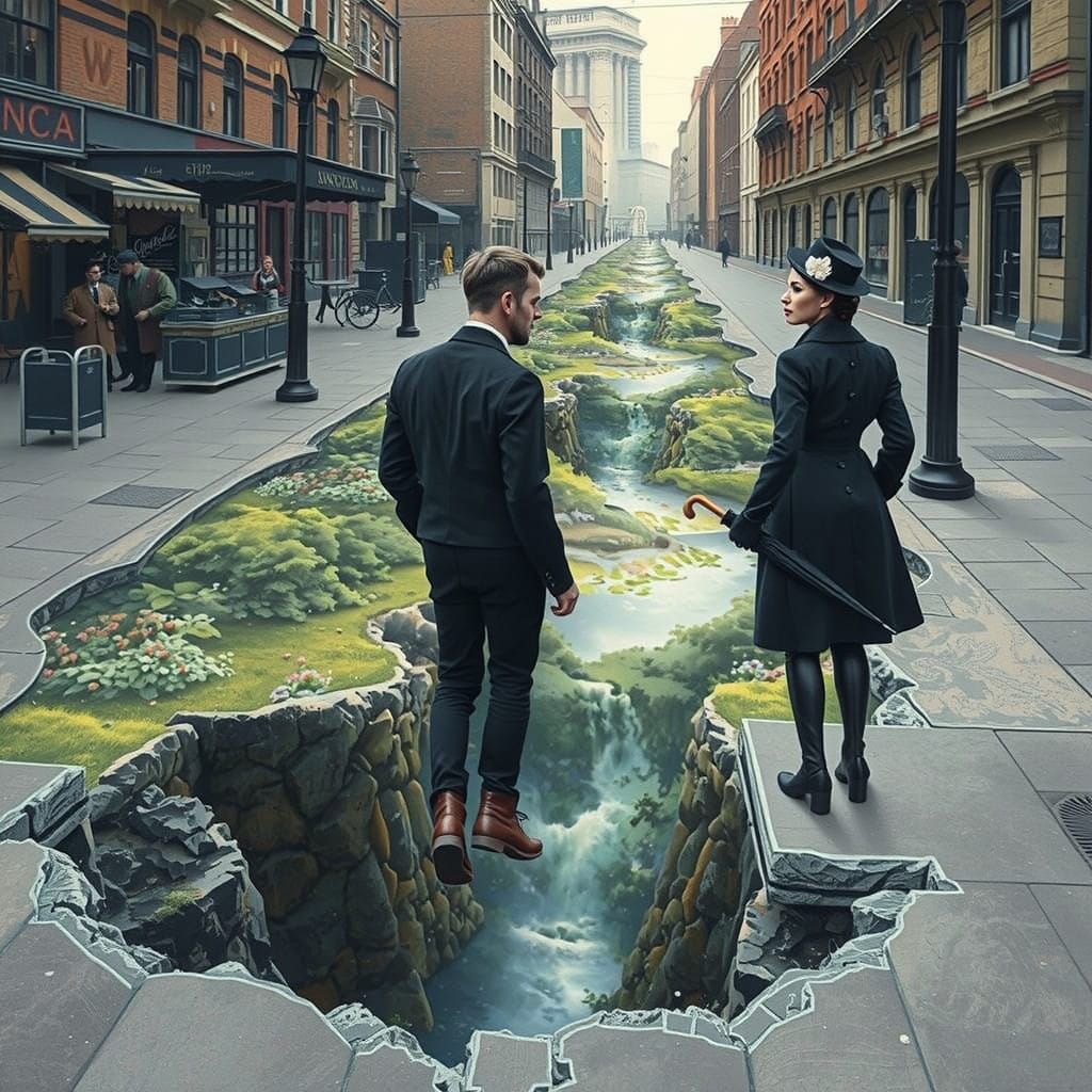 Surreal Street Chalk Art Illusion of a Victorian Garden