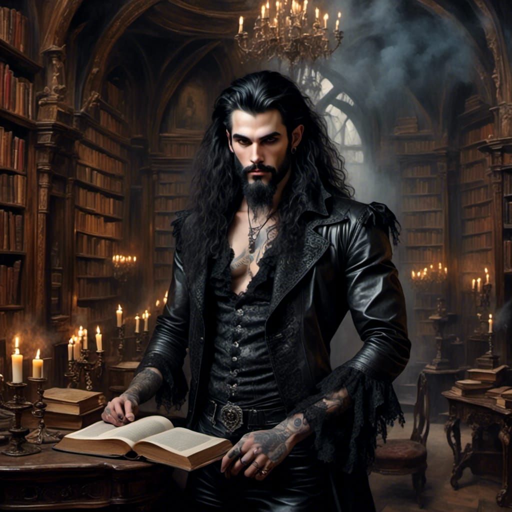 Gothic Man Poses in Library with Books