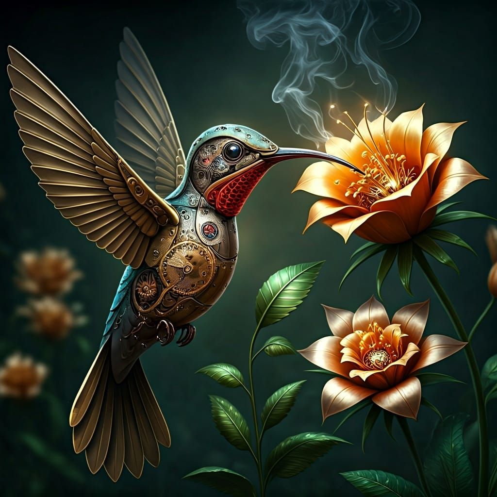Steampunk Hummingbird in Clockwork Garden