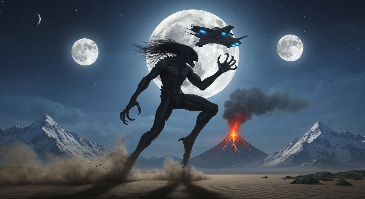 Alien Creature Attacks Spaceship Under Twin Moons