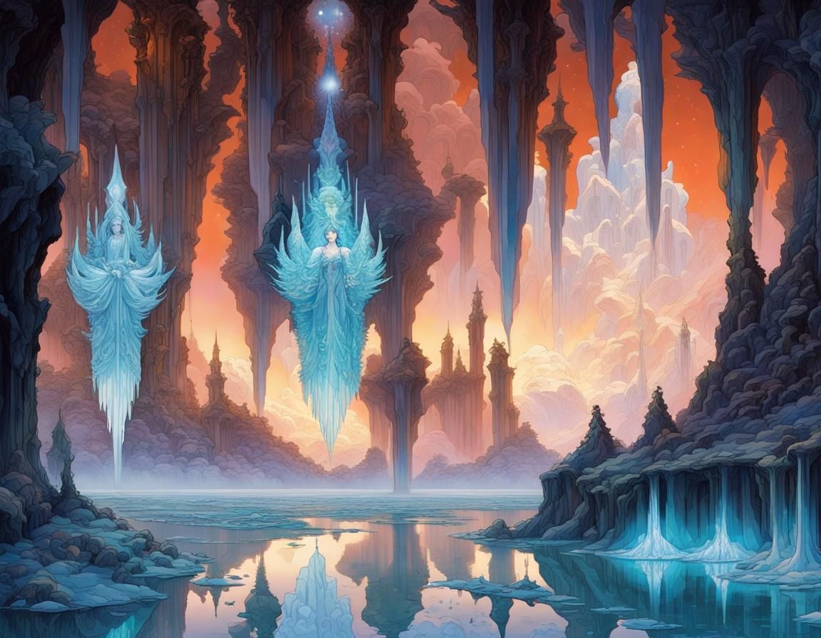 16k resolution, art by Yoshitaka Amano, Alphonse Mucha, Ethereal, dreamlike landscape entirely made of various crystals,...