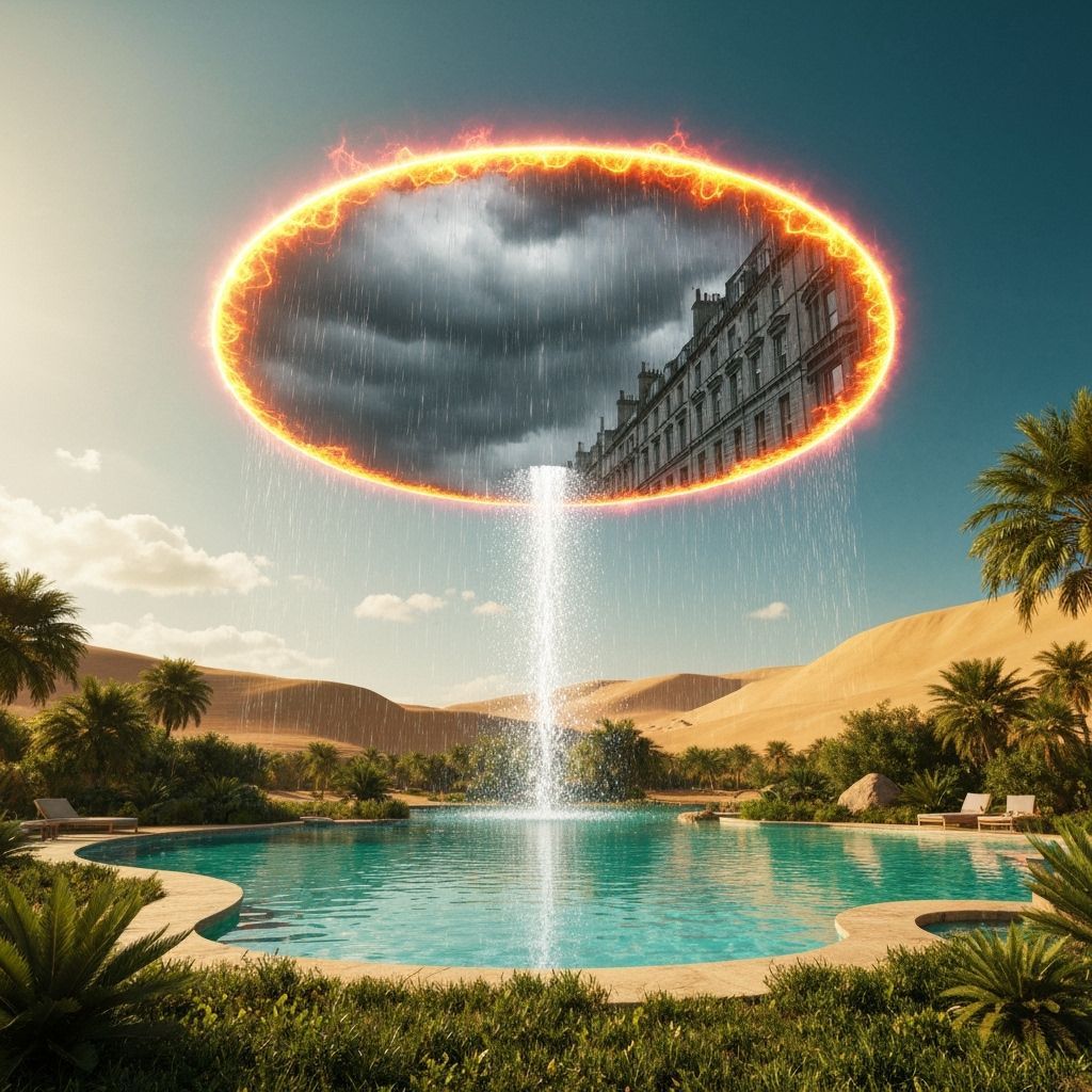 Desert Oasis with Portal to Rainy London