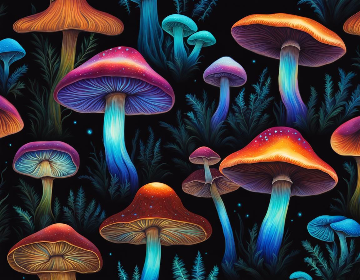 Bioluminescent Mushroom Canvas Wall Art, Trippy Mushroom Art...