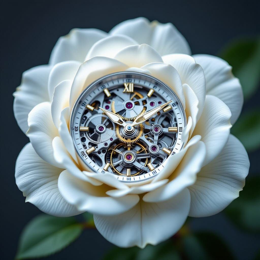 Rose and Watch Mechanics in Double Exposure Style