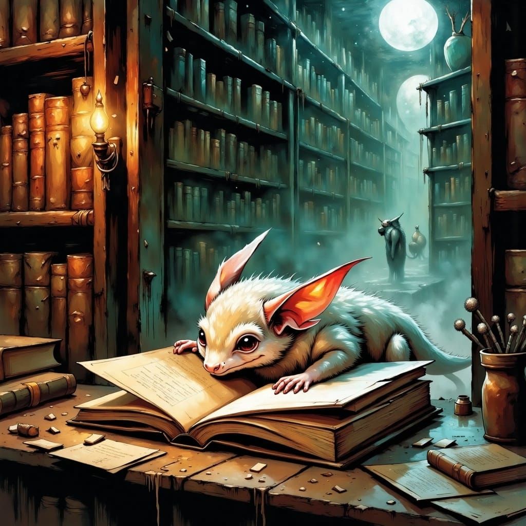 Mystical Library Portal Reveals Winged Creature