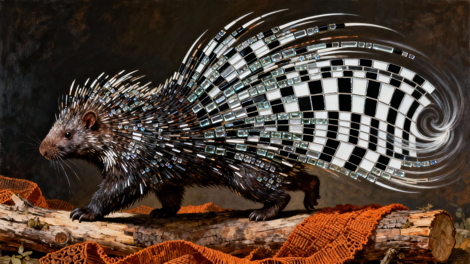 Surreal Porcupine Made of Glass Textiles in Log Habitat