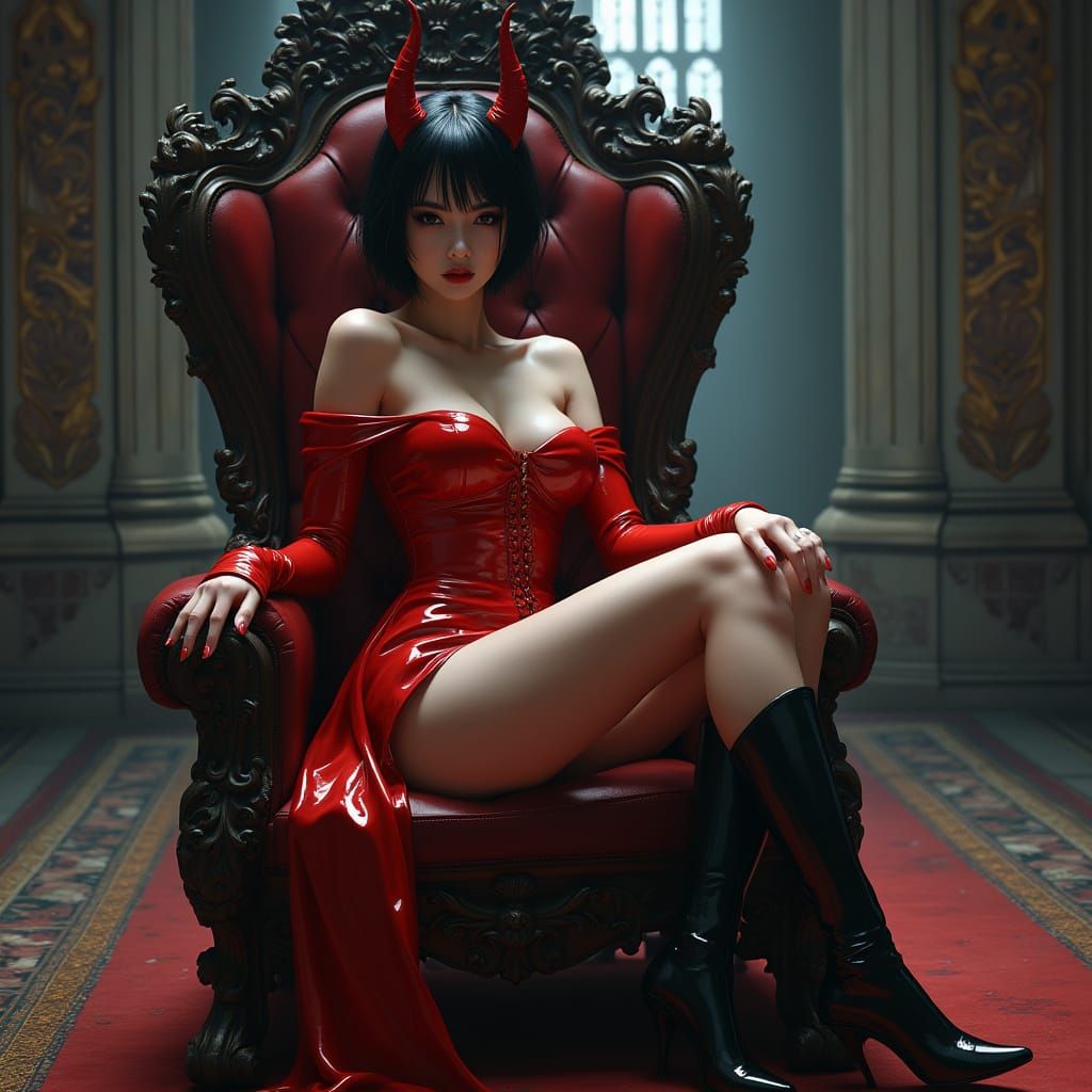 Sensual Gothic Woman in Red Latex, Hyperrealistic
