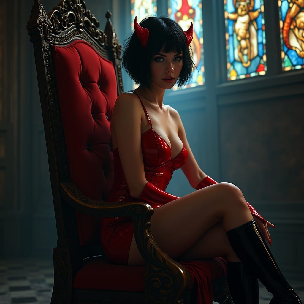 Gothic Throne Woman in Red Latex with Horns