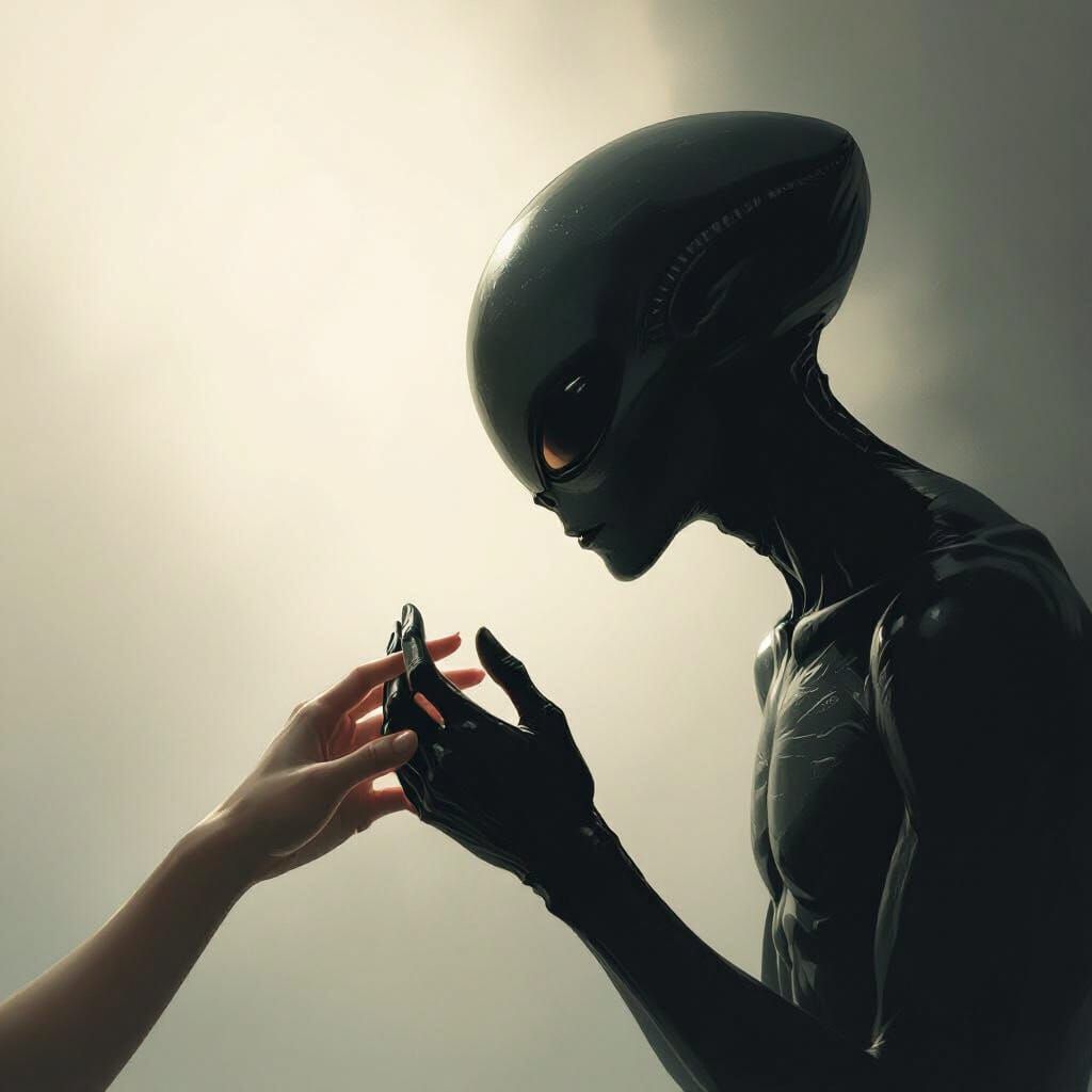 Human and Alien Hands Touch in Moody Concept Art