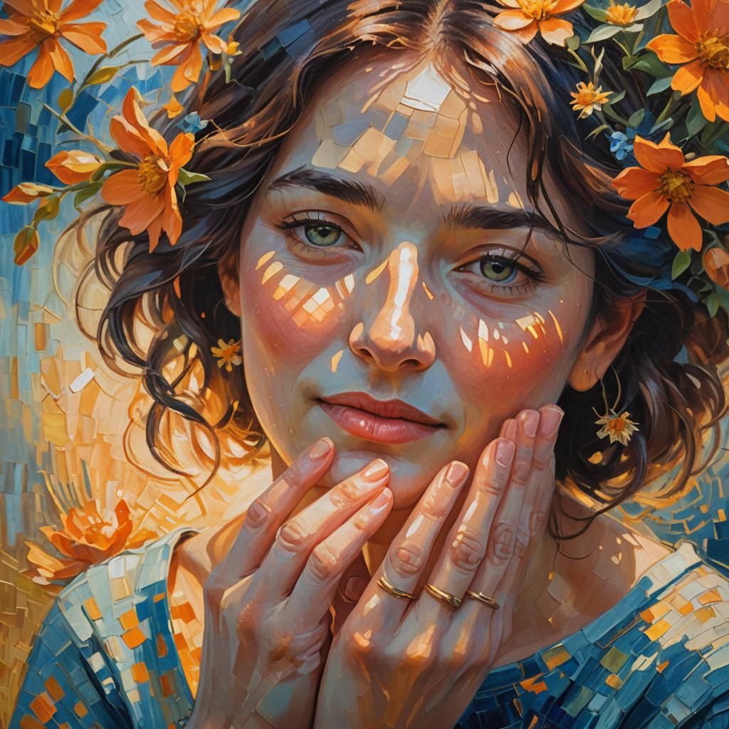 Golden Light on Woman's Face: Post-Impressionist Oil Paintin...