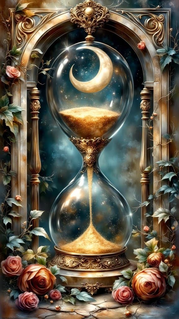 A mystical oracle card featuring An ornate hourglass rests on an altar of ivy-covered stone, its golden sand suspended m...