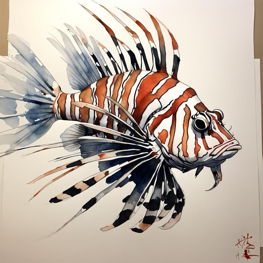 Lionfish in Watercolor Calligraphy Style