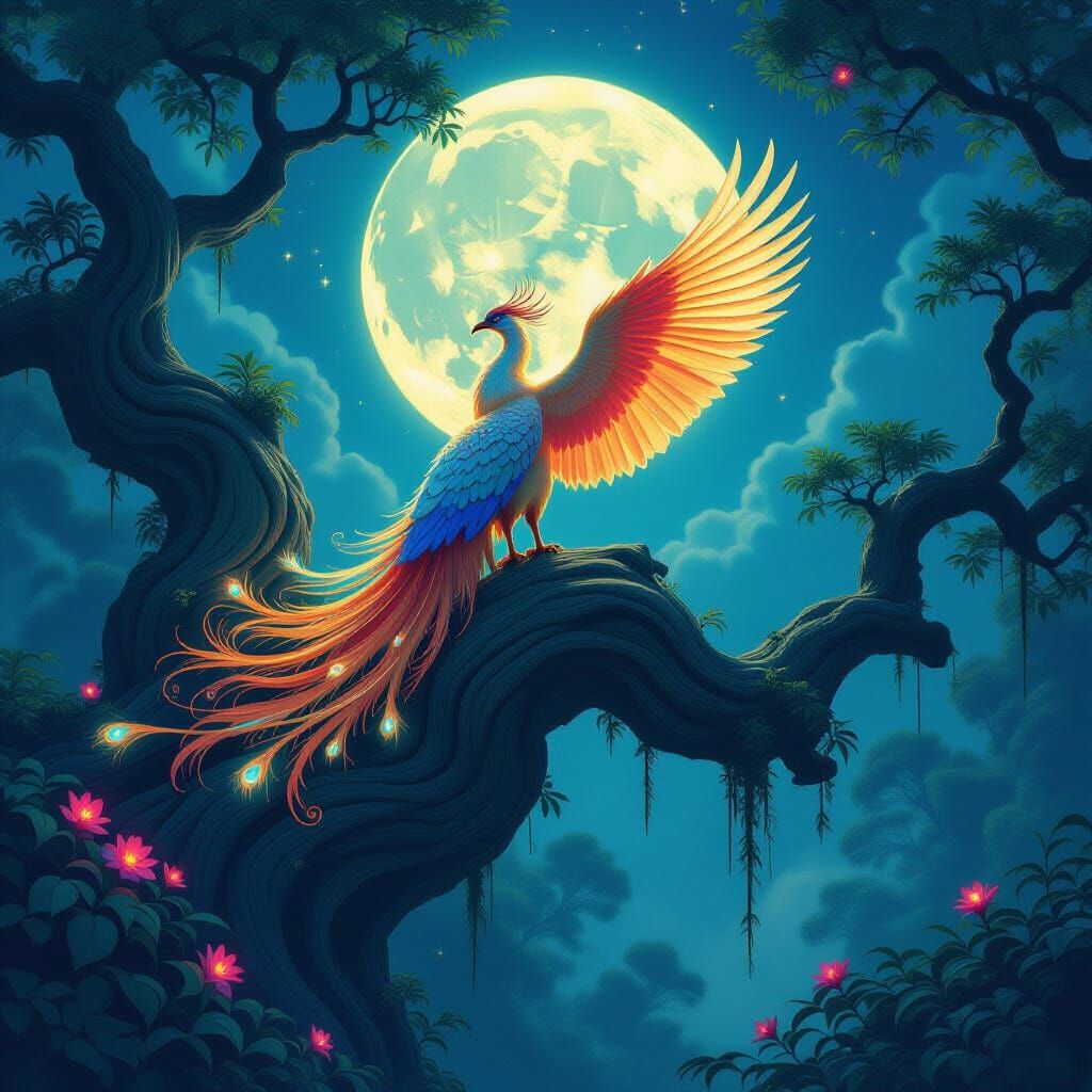 Majestic Phoenix in Moonlit Mystical Forest
