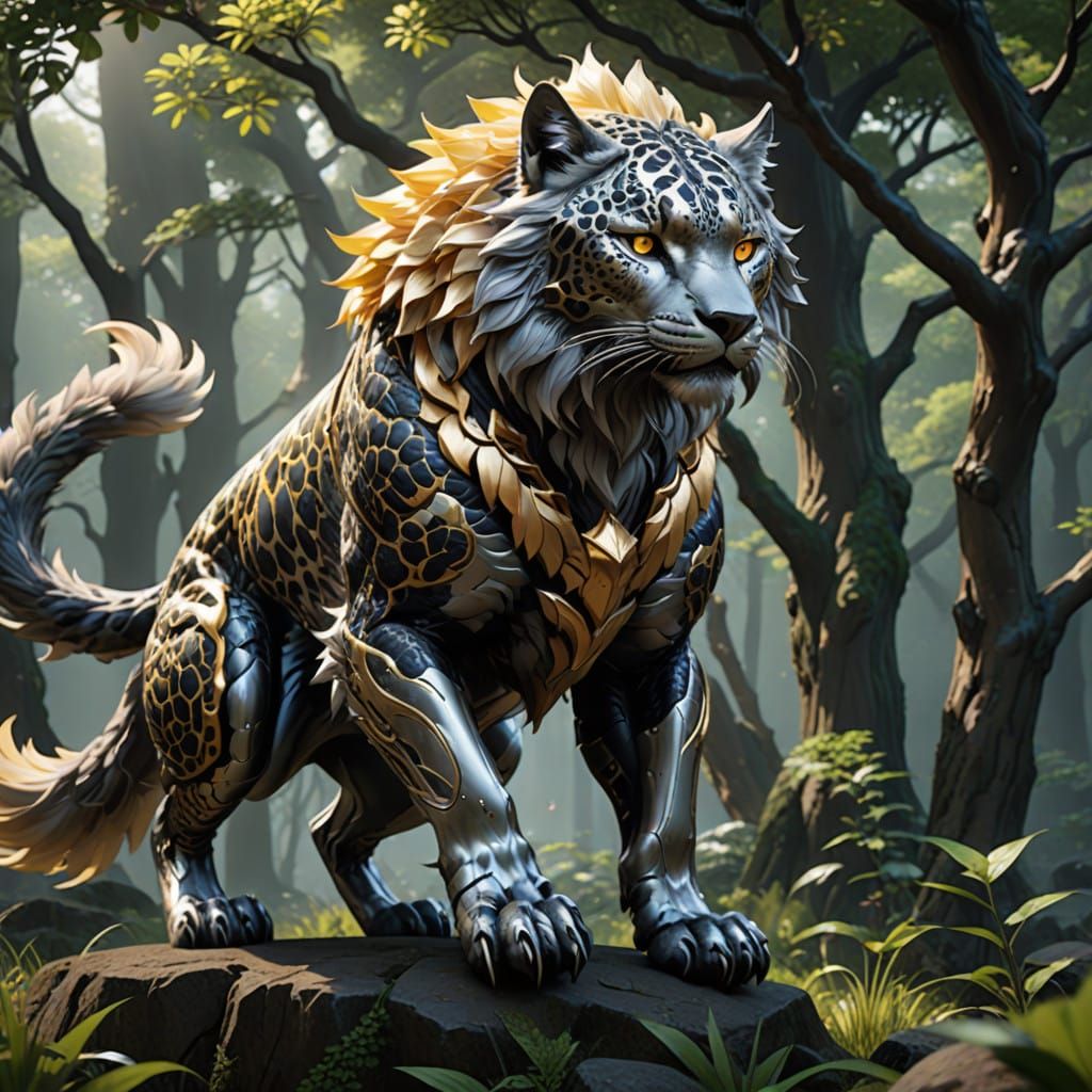 Majestic Gray and Golden Wolf Leopard Hybrid in Anime Style