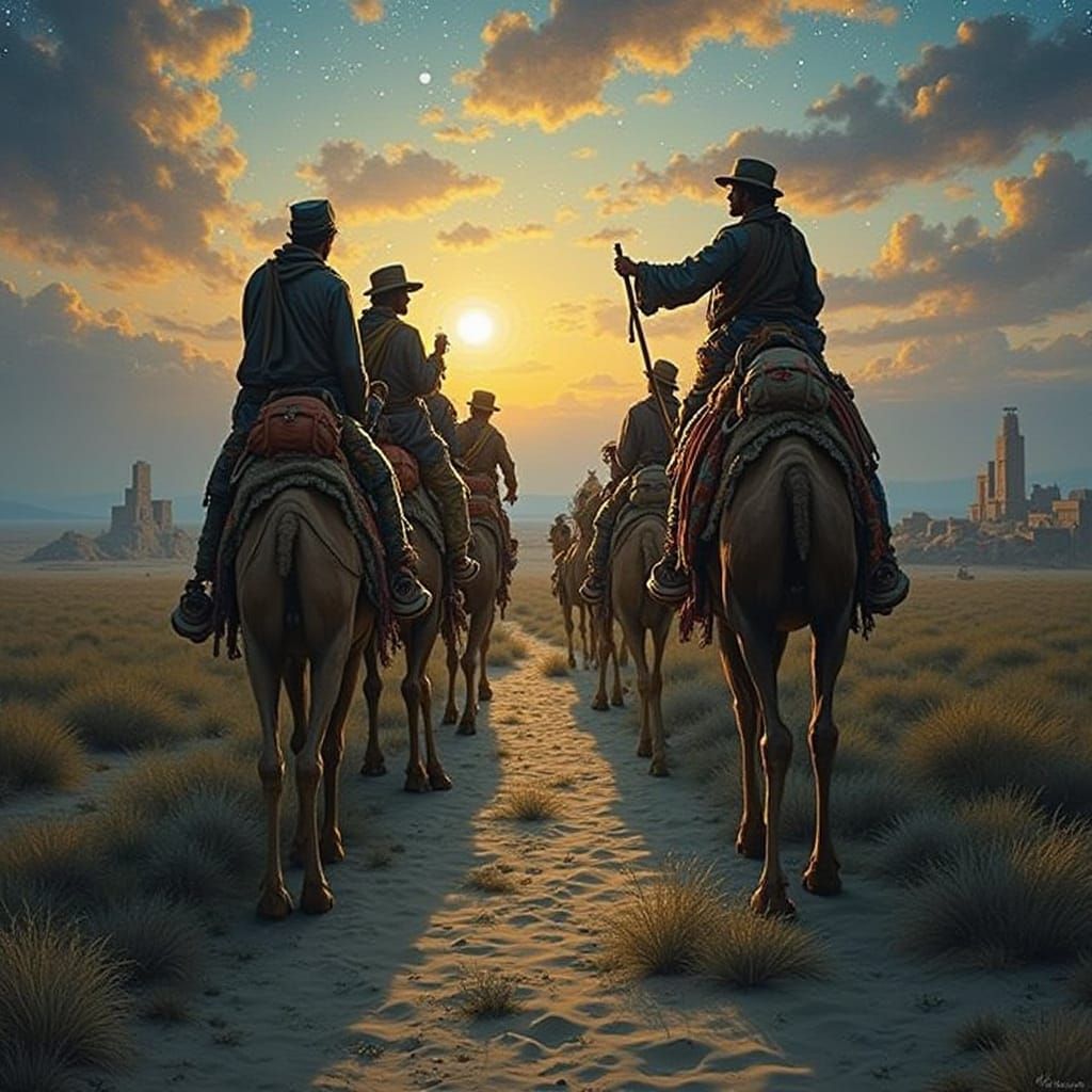 Camels Cross Desert Under Starry Night Sky