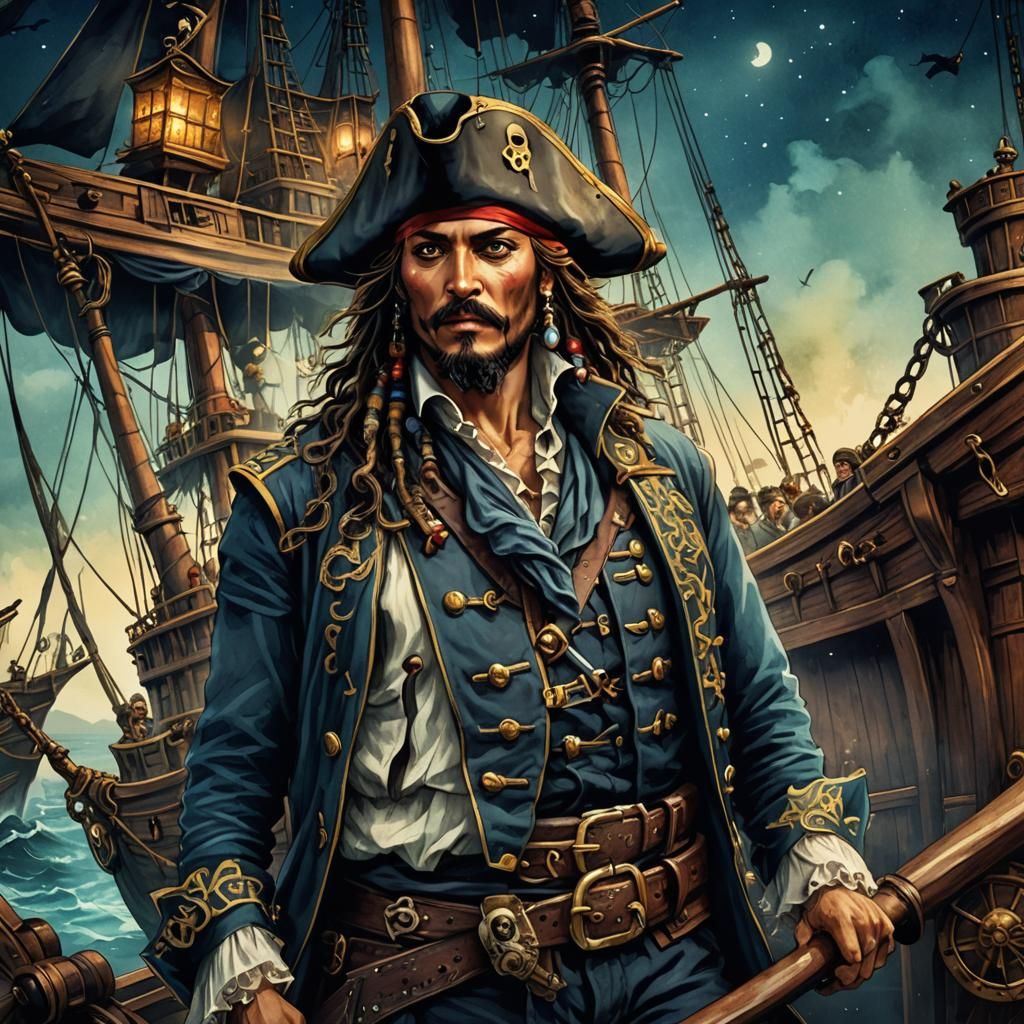 Pirate on a Ship in Retro Vector Style