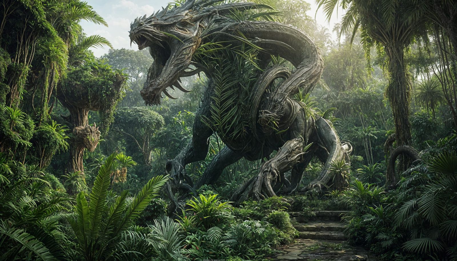 Alien Dragon Statue in Lush Jungle Landscape