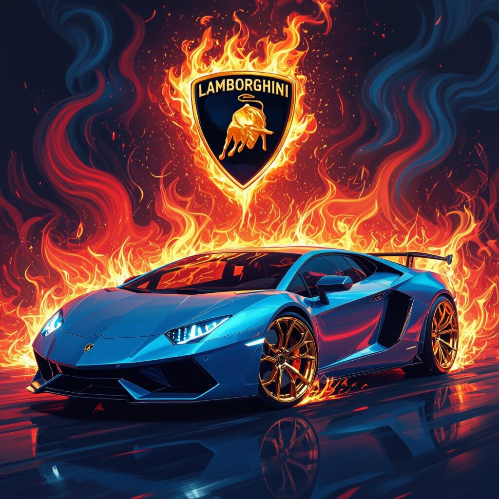 Lamborghini Ablaze with Fiery Red and Blue Flames