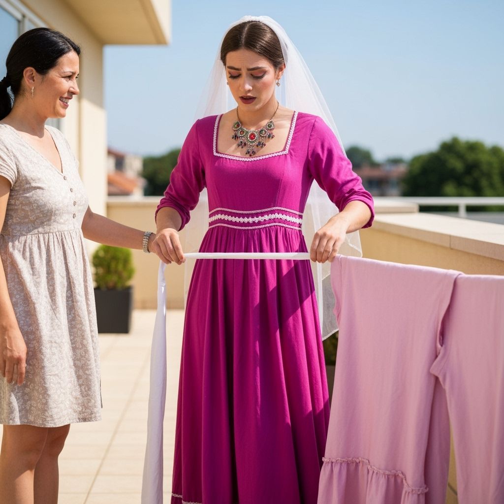 Worried Young Person in Magenta Dress on Sunny Terrace