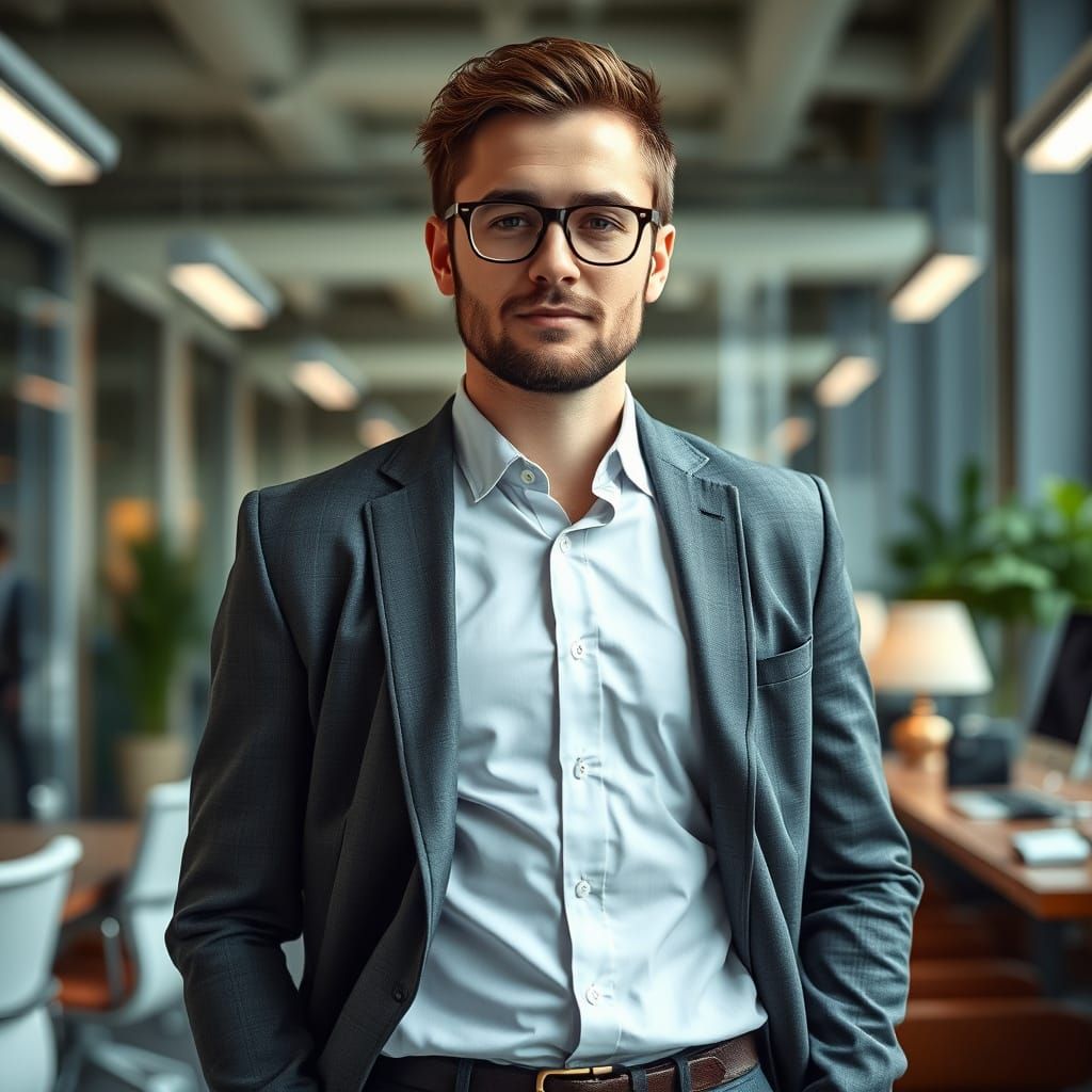 Confident Growth Hacker in Dystopian Future Office