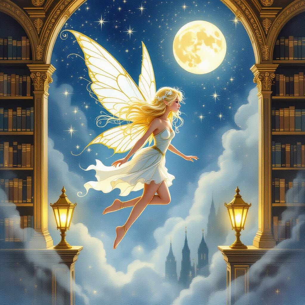 A dreamy watercolor illustration depicts a blonde fairy  soa...