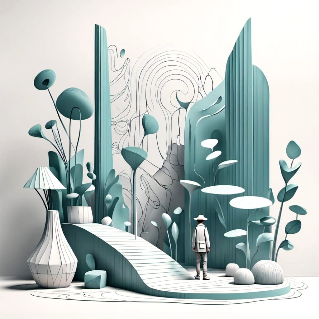 Hand-Drawn Character Beside Sculpted Forms in 3D Landscape