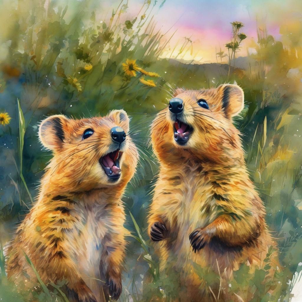 Laughing Quokkas in Watercolor Sunset Illustration