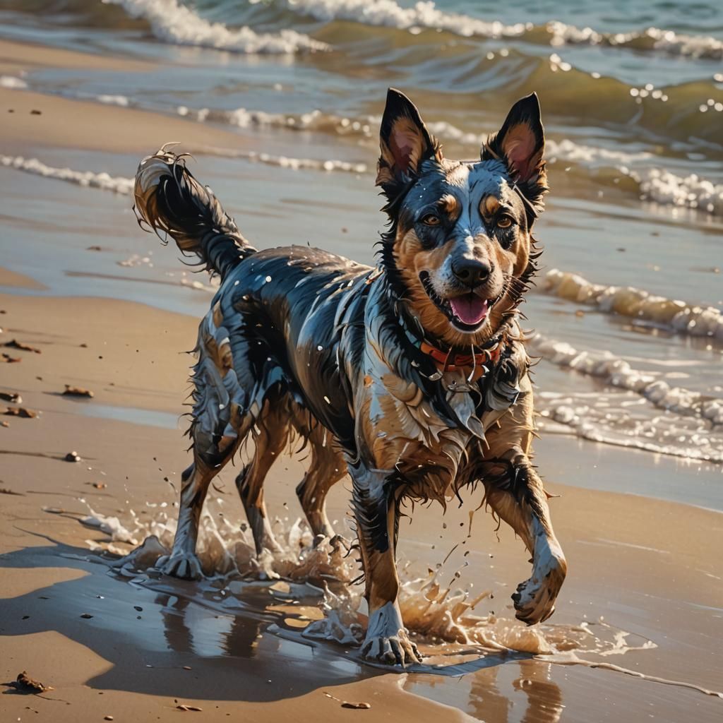 Hyperrealistic Dog Portrait on Beach in Splash Art
