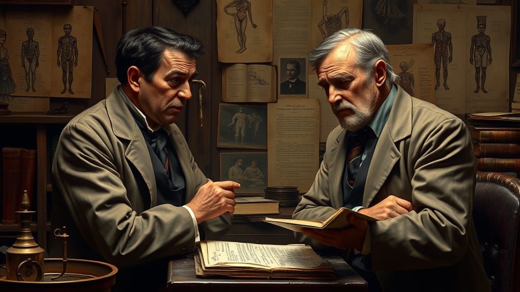 Worried Doctors Conferring in Victorian Study, Classic Reali...