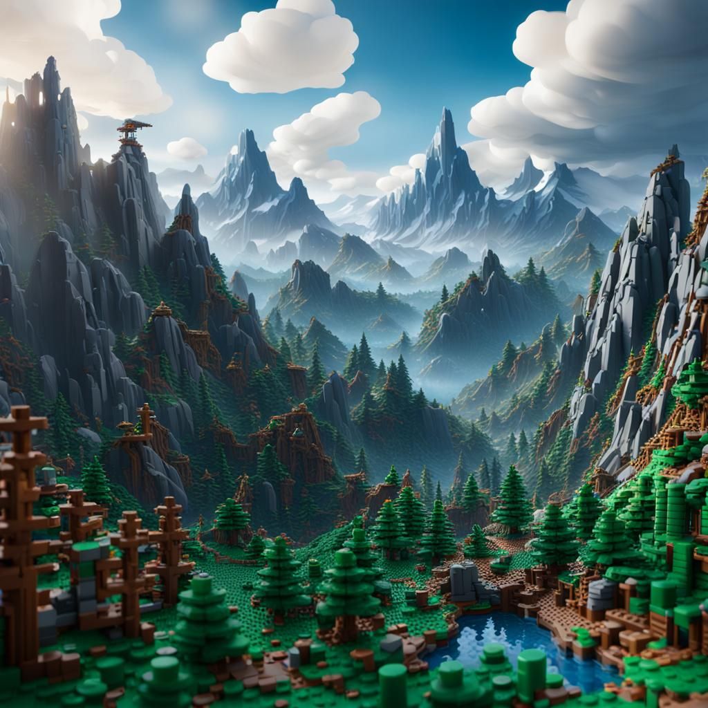 Lego Mountain Landscape: Detailed Matte Painting