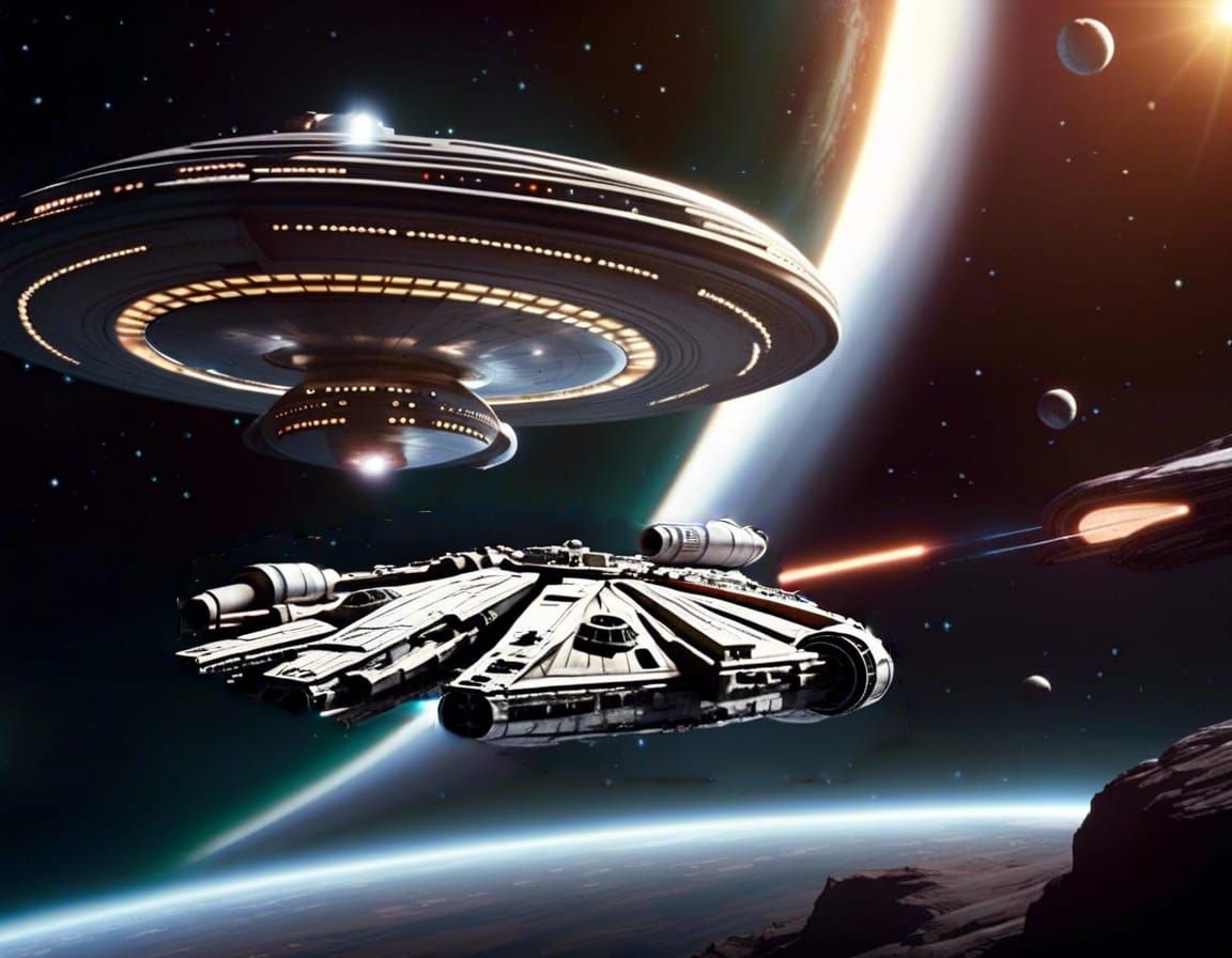 Millennium Falcon Soars Past a Ringed Gas Giant